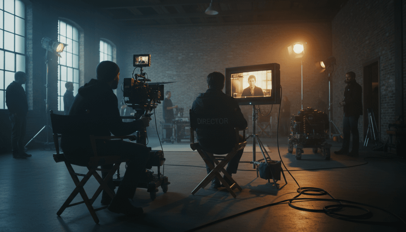 Director and cinematographer on film set with cinema camera, monitor, and professional three-point lighting setup