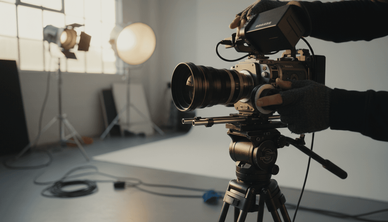Videographer's hands adjusting professional cinema camera on tripod in modern studio with lighting equipment