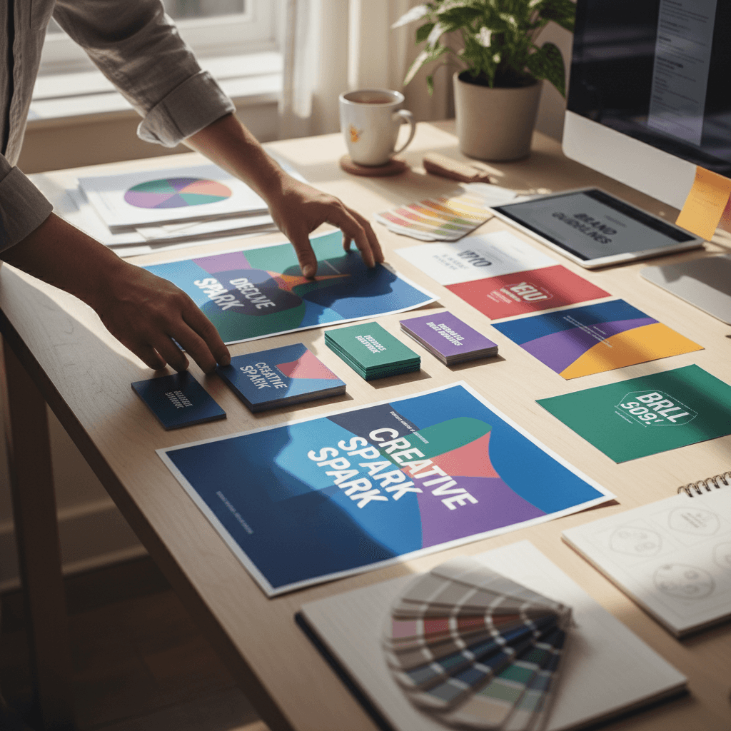 designer working on promotional flyer layout with bright modern colors