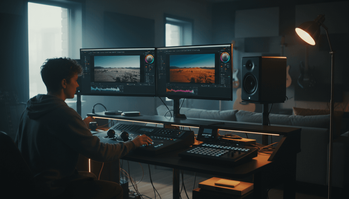 Professional colorist working at dual-monitor editing station in modern post-production suite with cinematic lighting