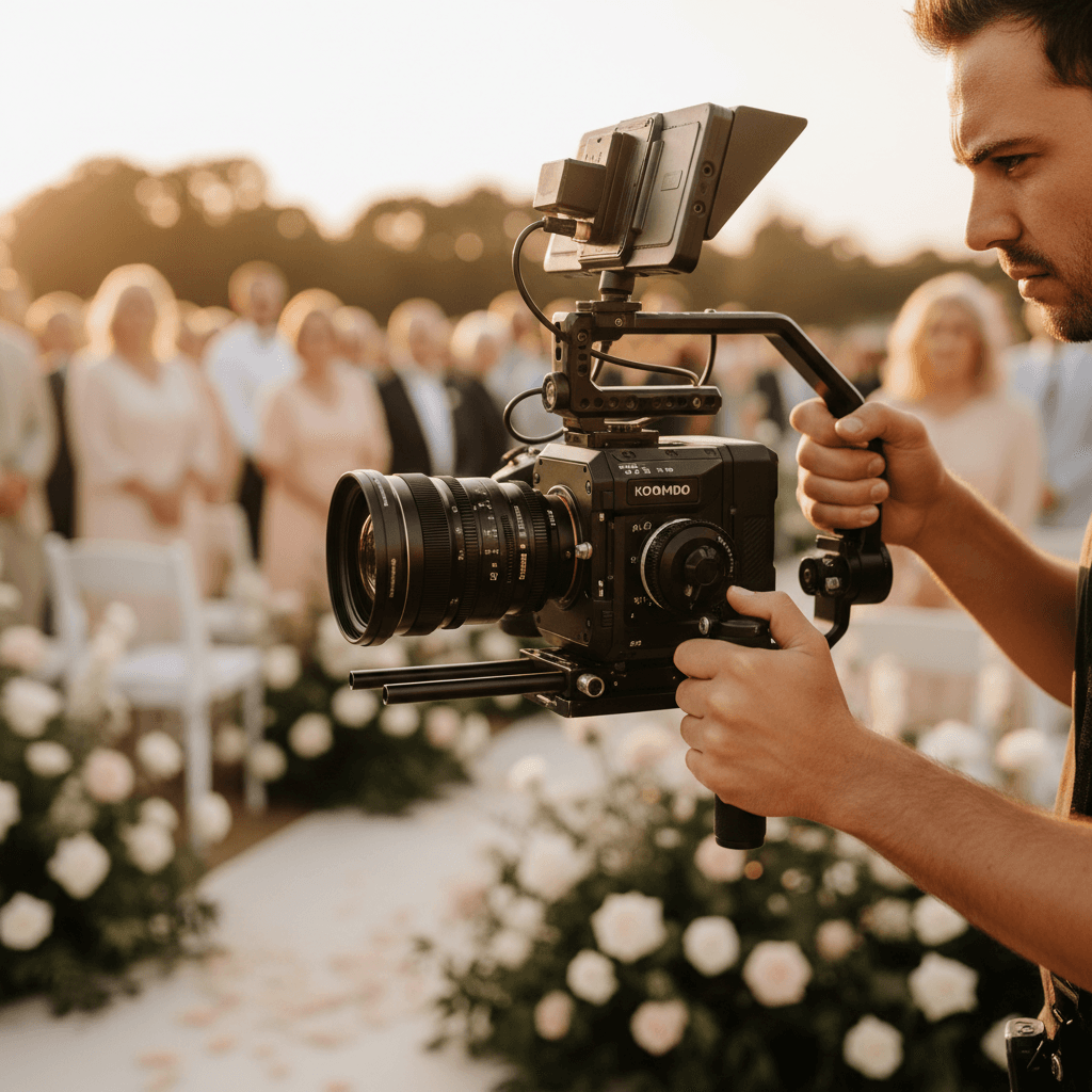 Videographer's hands and face operating professional cinema camera during outdoor ceremony in golden-hour sunlight