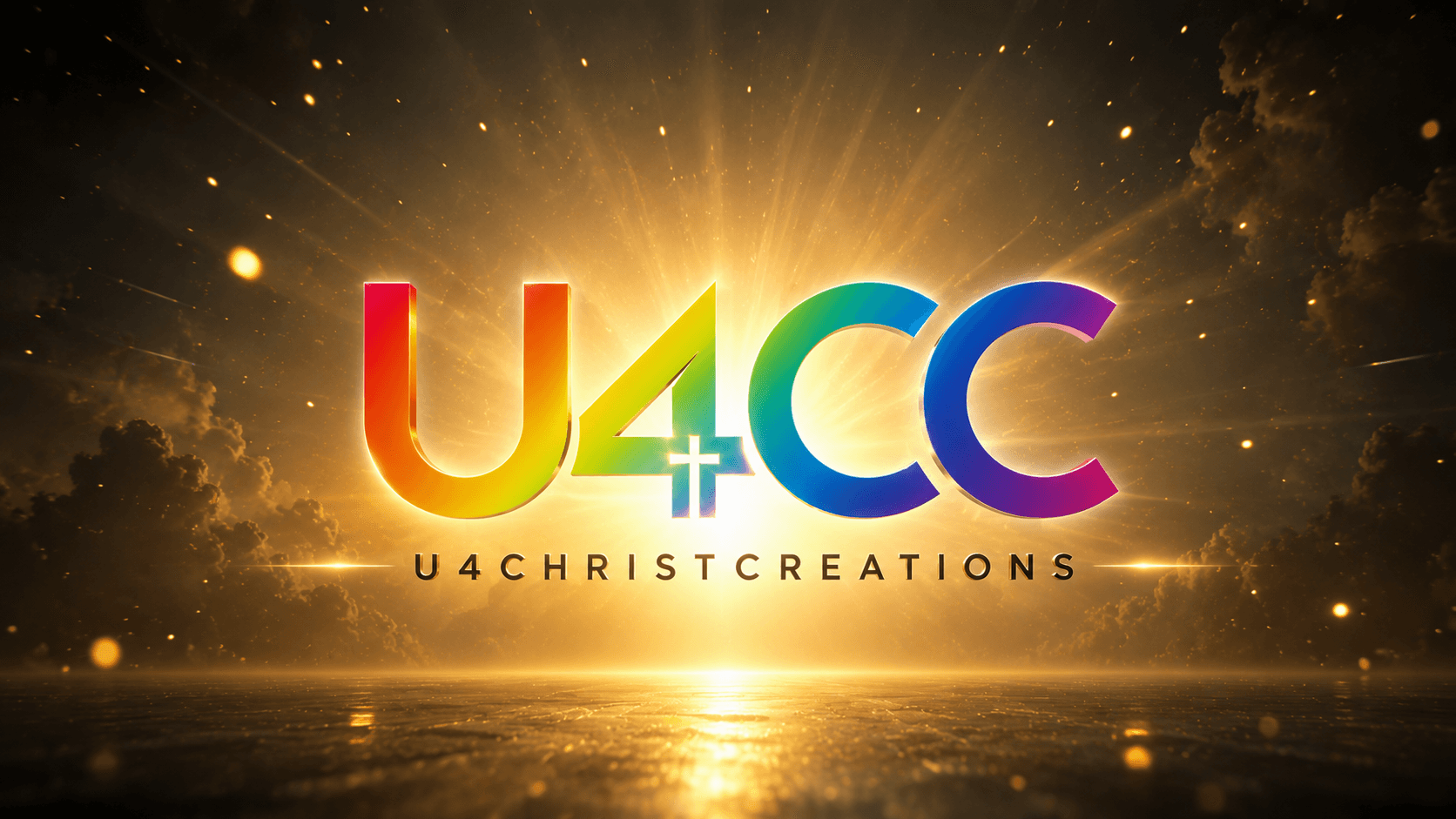 Rainbow U4CC logo with a cross, set against a radiant golden sunburst and dark clouds.